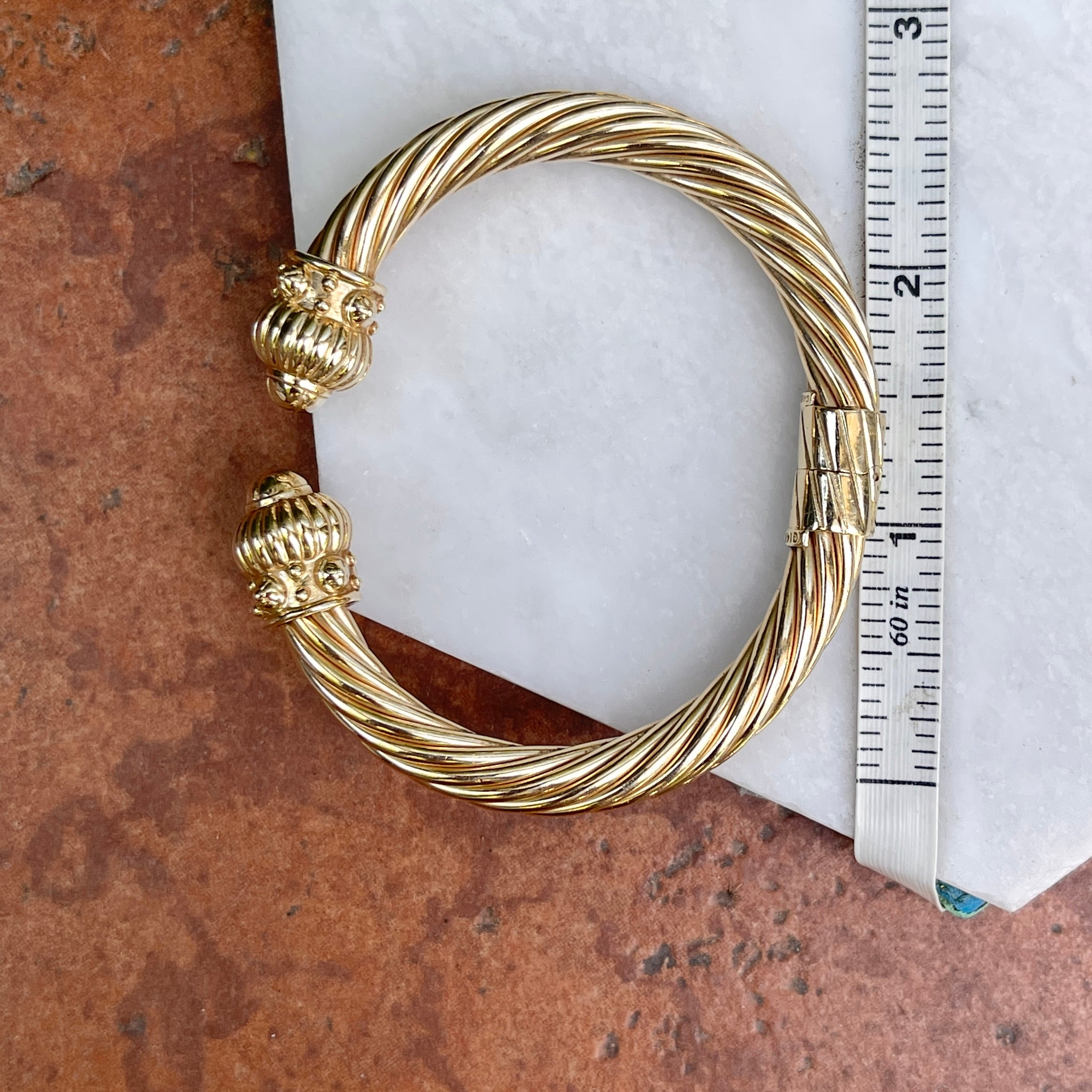 Estate 14KT Yellow Gold Rope Cable Twist Ball End Cuff Bangle