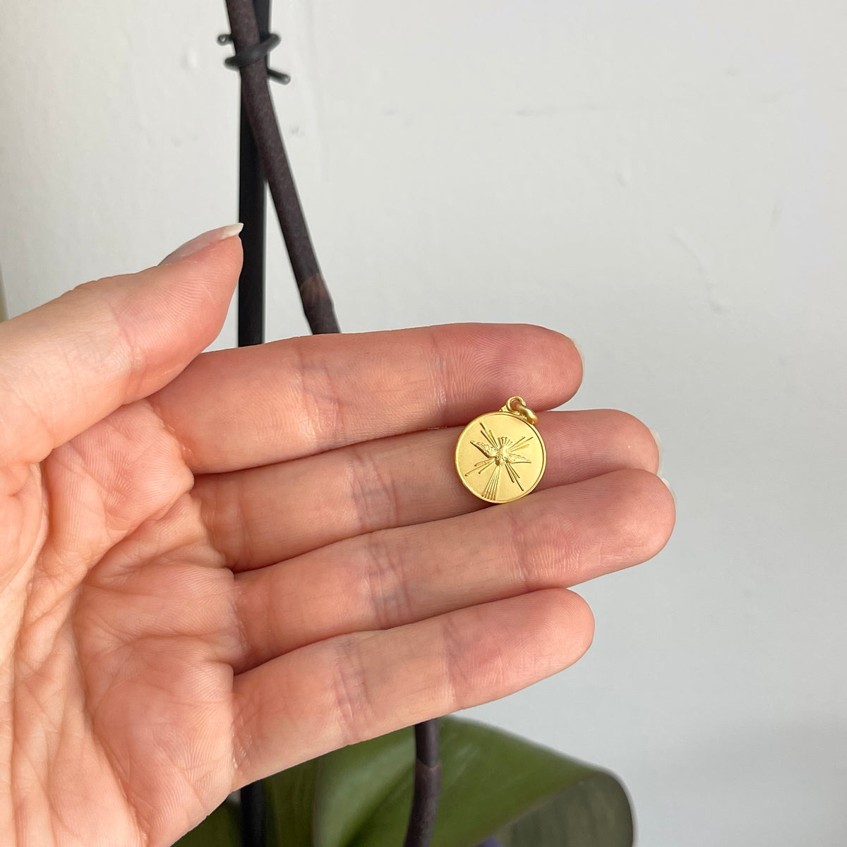 18KT Yellow Gold Matte Holy Spirit Round Medal Pendant Charm 14mm - LSJ