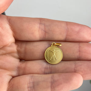 14KT Yellow Gold Matte The Vitruvian Man Round Medal Pendant Charm