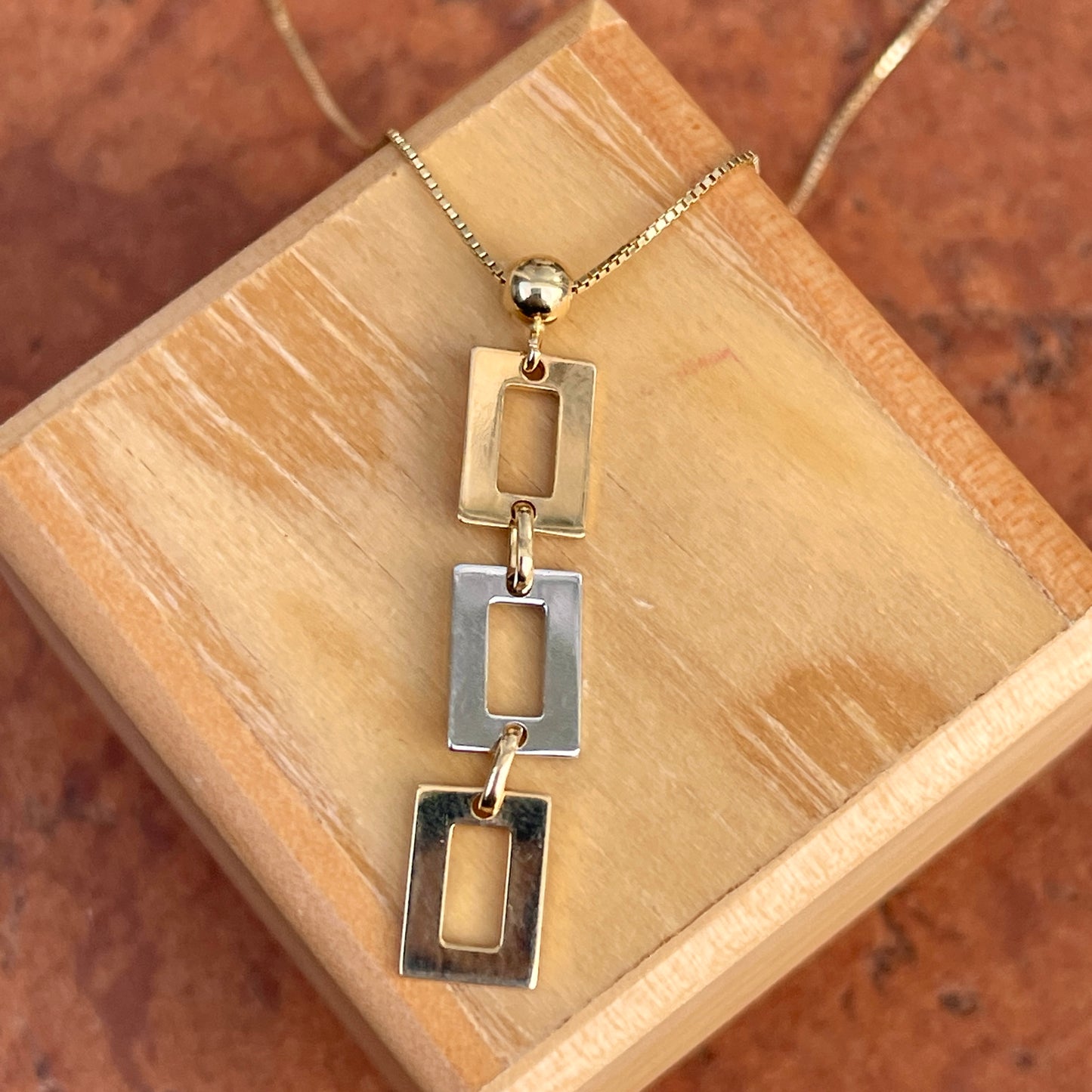 14KT Yellow Gold + White Gold Geometric Squares Pendant Chain Necklace