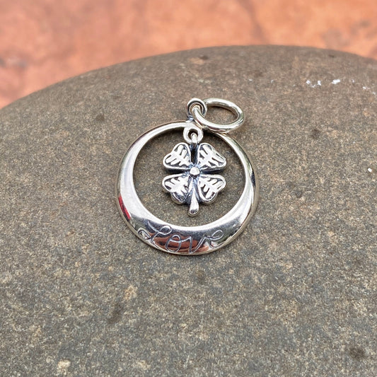 Sterling Silver Antiqued Lucky Shamrock Love Circle Pendant Charm, Sterling Silver Antiqued Lucky Shamrock Love Circle Pendant Charm - Legacy Saint Jewelry