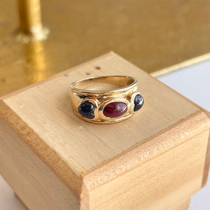 Estate 14KT Yellow Gold Byzantine Ruby + Blue Sapphire Cigar Band Ring