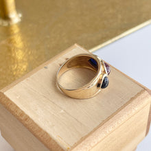 Load image into Gallery viewer, Estate 14KT Yellow Gold Byzantine Ruby + Blue Sapphire Cigar Band Ring