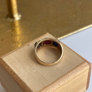 Estate 14KT Yellow Gold Byzantine Ruby + Blue Sapphire Cigar Band Ring