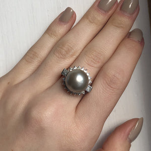 Estate 14KT White Gold Diamond + Genuine Tahitian South Sea Pearl Cluster Ring Size 9 - Legacy Saint Jewelry