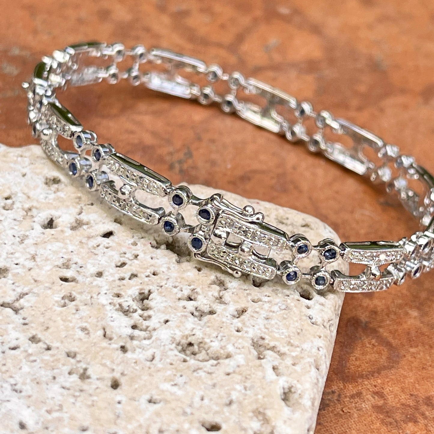 Estate 18KT White Gold Bezel Blue Sapphire + Pave Diamond Tennis Bracelet