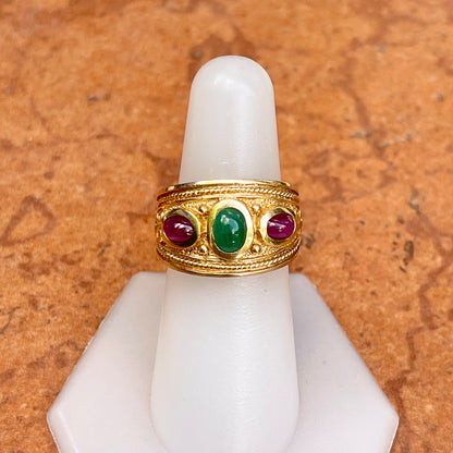 Estate 14KT Yellow Gold Etruscan Ruby + Emerald Cigar Band Ring