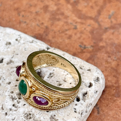 Estate 14KT Yellow Gold Etruscan Ruby + Emerald Cigar Band Ring