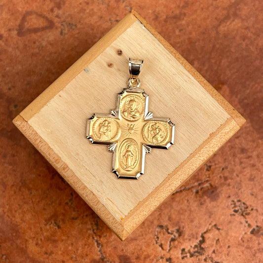 14KT Yellow Gold Satin Four Way Cross Medal Pendant 28mm