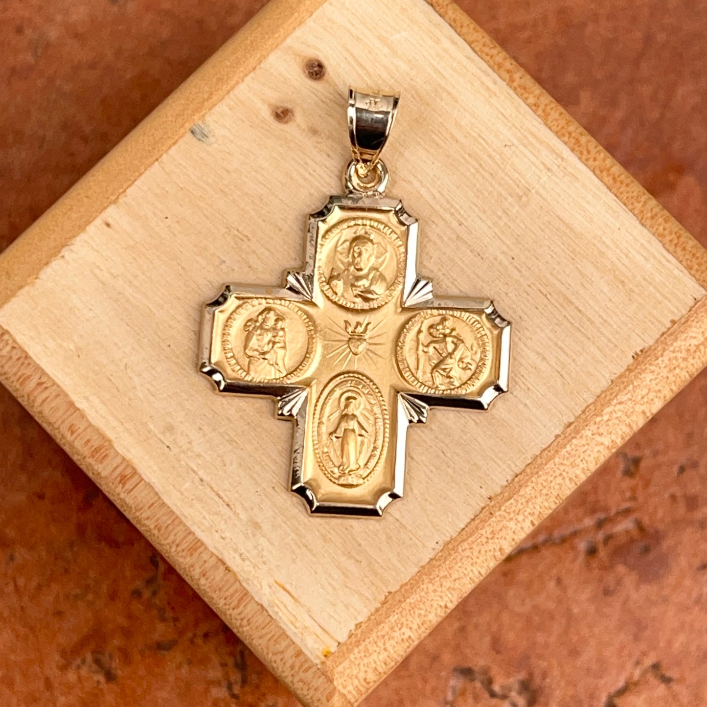 14KT Yellow Gold Satin Four Way Cross Medal Pendant 28mm – LSJ