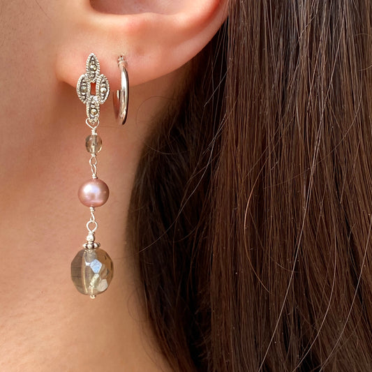 Sterling Silver Freshwater Cultured Cream Pearl + Glass Dangle Earrings