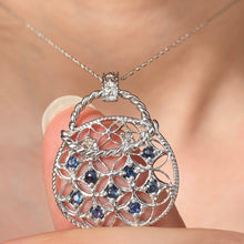 Load image into Gallery viewer, 10KT White Gold Blue Sapphire + Diamond Purse Pendant Chain Necklace