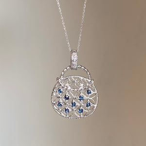10KT White Gold Blue Sapphire + Diamond Purse Pendant Chain Necklace