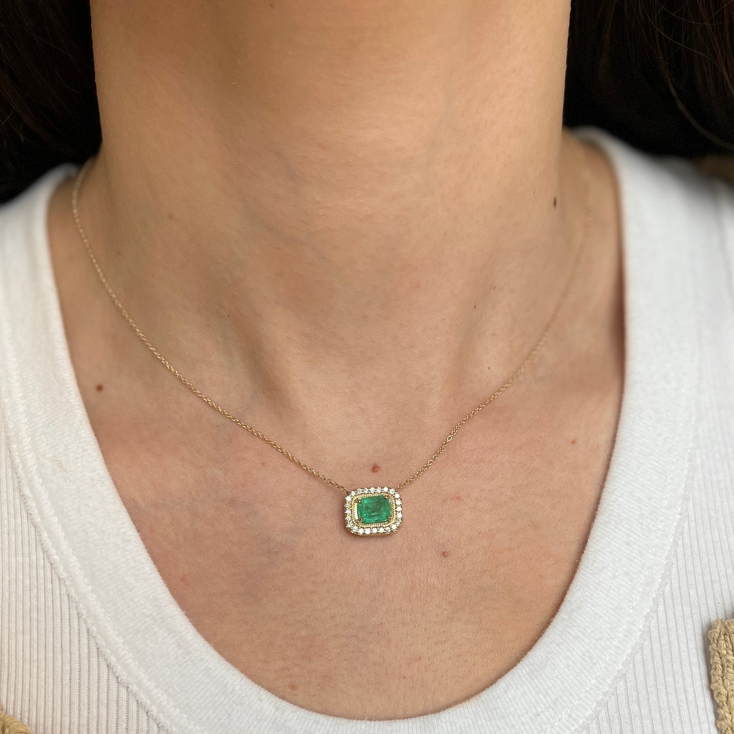 14KT Yellow Gold and Diamond Halo Faceted Emerald Pendant Necklace