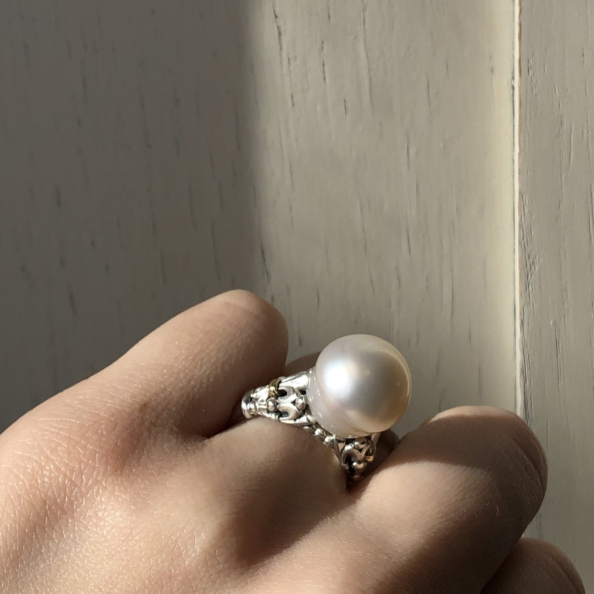 14KT Yellow Gold, Sterling Silver + Paspaley South Sea Pearl Fleur de Lis Ring - Legacy Saint Jewelry
