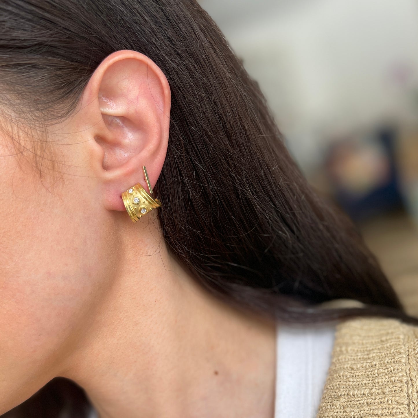 Estate 18KT Yellow Gold Byzantine Matte Diamond Huggie Hoop Earrings
