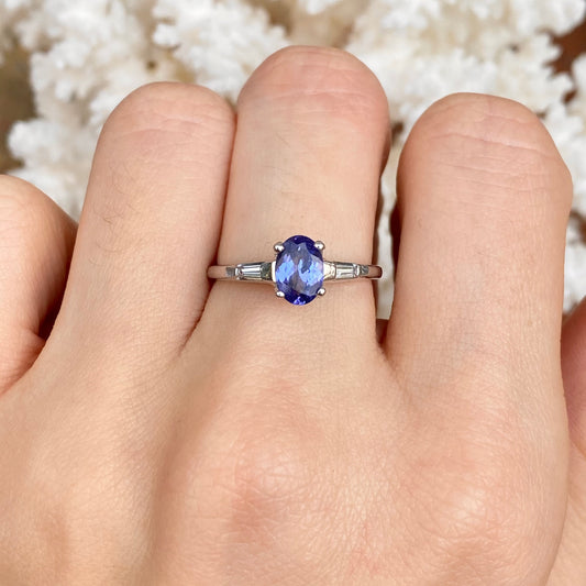 Estate 14KT White Gold Oval 1.25 CT Tanzanite + Baguette Diamond Ring