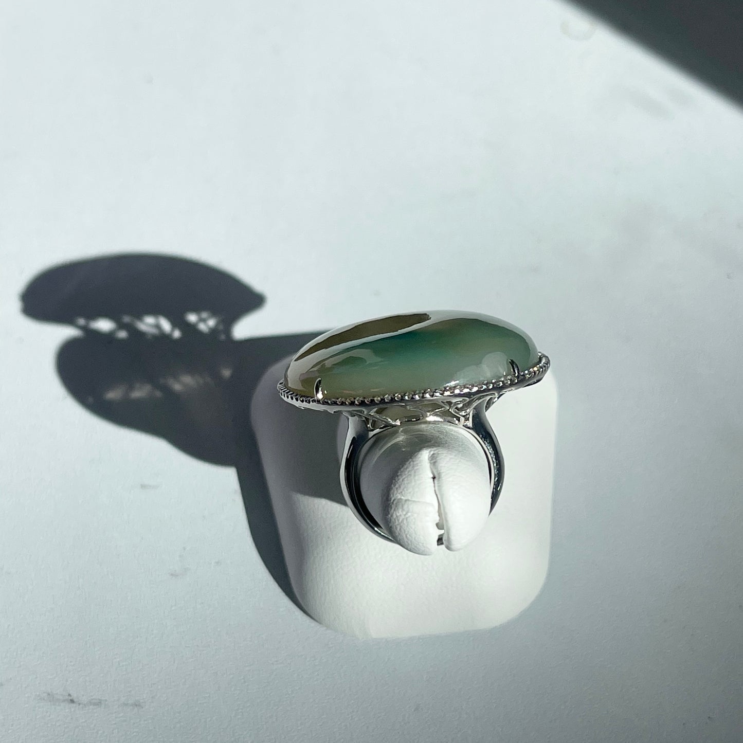 18KT White Gold Round Green Agate Geode Druzy Diamond Halo Ring