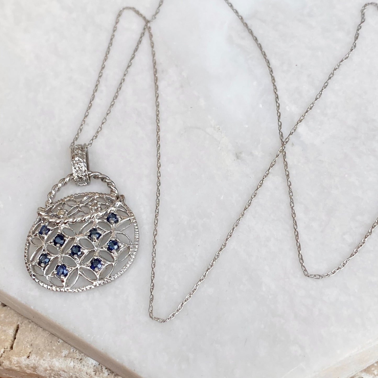 10KT White Gold Blue Sapphire + Diamond Purse Pendant Chain Necklace