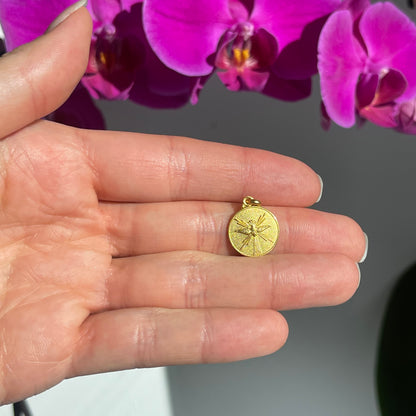 18KT Yellow Gold Matte Holy Spirit Round Medal Pendant Charm 14mm - LSJ