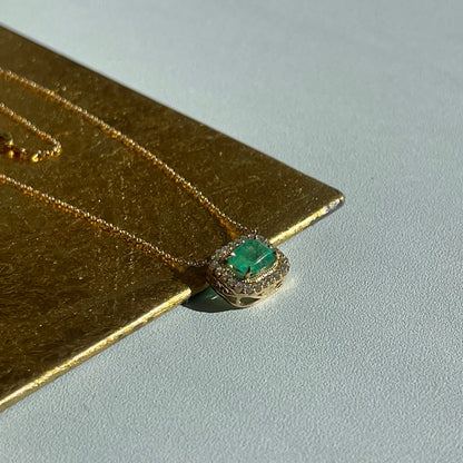 14KT Yellow Gold and Diamond Halo Faceted Emerald Pendant Necklace