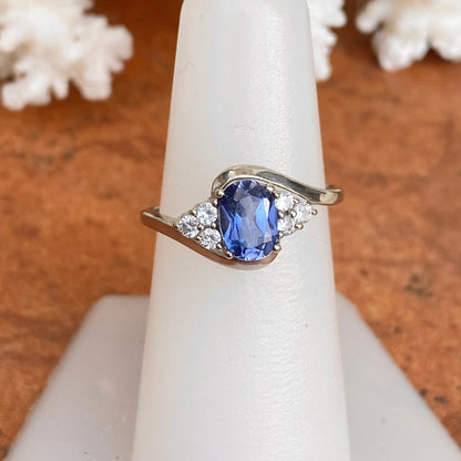 Estate 10KT White Gold Oval 1.25 CT Ceylon Blue Sapphire + White Sapphire Ring