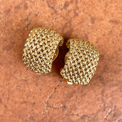 Estate 14KT Yellow Gold Hammered Mesh Weave Omega Clip-On Earrings
