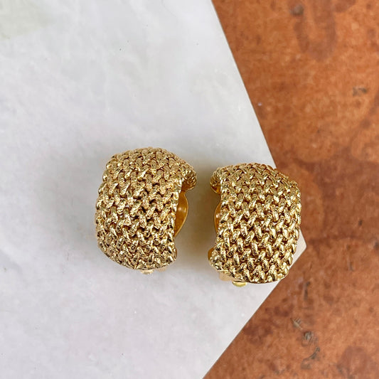 Estate 14KT Yellow Gold Hammered Mesh Weave Omega Clip-On Earrings