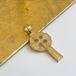 14KT Yellow Gold Large Celtic Eternity Circle Cross Pendant