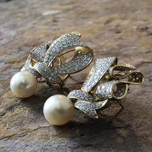Load image into Gallery viewer, Estate 18KT Yellow Gold Ribbon Design Pave Diamond + South Sea Pearl Earrings - Legacy Saint Jewelry