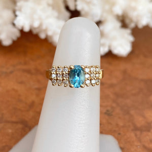 Estate 14KT Yellow Gold Oval Blue Topaz + 1/4 CT Diamond Accent Ring
