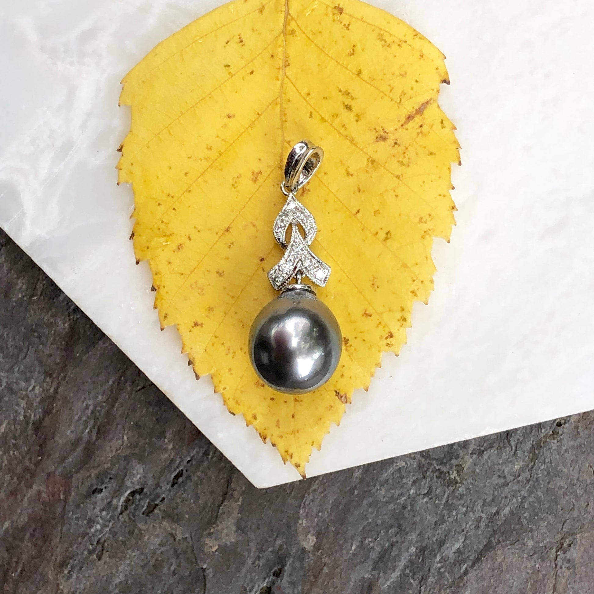 14KT White Gold Gray Tahitian Pearl + Diamond Teardrop Pendant, 14KT White Gold Gray Tahitian Pearl + Diamond Teardrop Pendant - Legacy Saint Jewelry