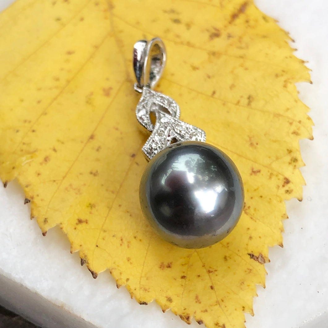 14KT White Gold Gray Tahitian Pearl + Diamond Teardrop Pendant, 14KT White Gold Gray Tahitian Pearl + Diamond Teardrop Pendant - Legacy Saint Jewelry