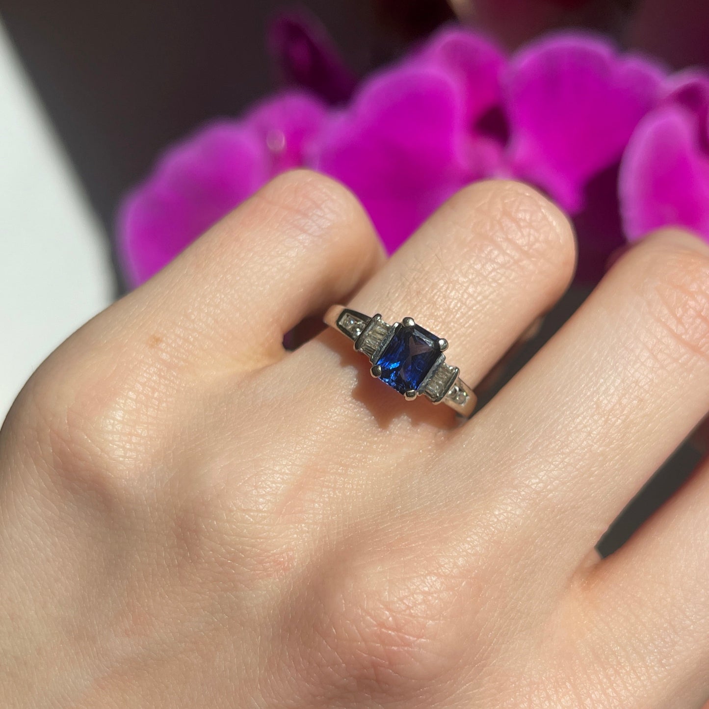 Estate 18KT White Gold Emerald-Cut Blue Sapphire + Baguette Diamond Ring