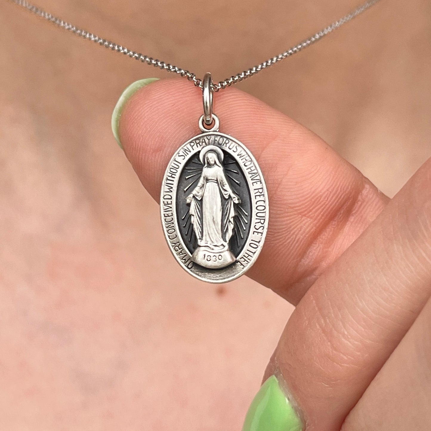 Sterling Silver Antiqued Miraculous Medal Oval Pendant 25mm