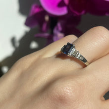 Load image into Gallery viewer, Estate 18KT White Gold Emerald-Cut Blue Sapphire + Baguette Diamond Ring