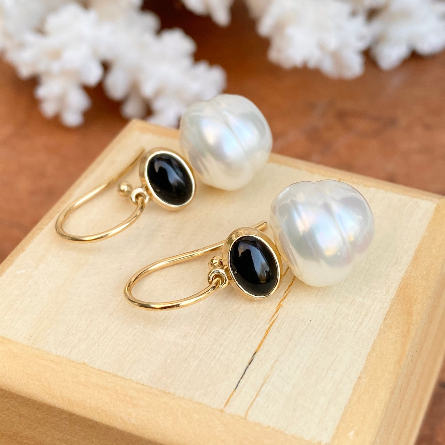 14KT Yellow Gold Black Onyx + 11mm Paspaley South Sea Pearl Shepherd Hook Earrings