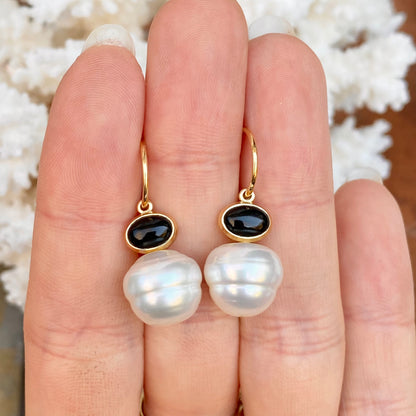 14KT Yellow Gold Black Onyx + 11mm Paspaley South Sea Pearl Shepherd Hook Earrings