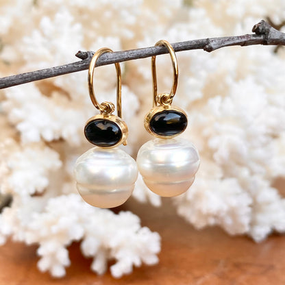 14KT Yellow Gold Black Onyx + 11mm Paspaley South Sea Pearl Shepherd Hook Earrings