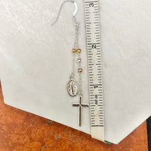 Load image into Gallery viewer, Sterling Silver Gold-Tone + Rose-Tone Miraculous Medal Cross Dangle Earrings