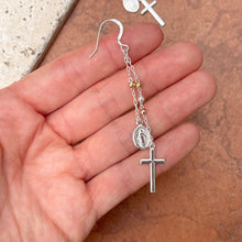 Load image into Gallery viewer, Sterling Silver Gold-Tone + Rose-Tone Miraculous Medal Cross Dangle Earrings