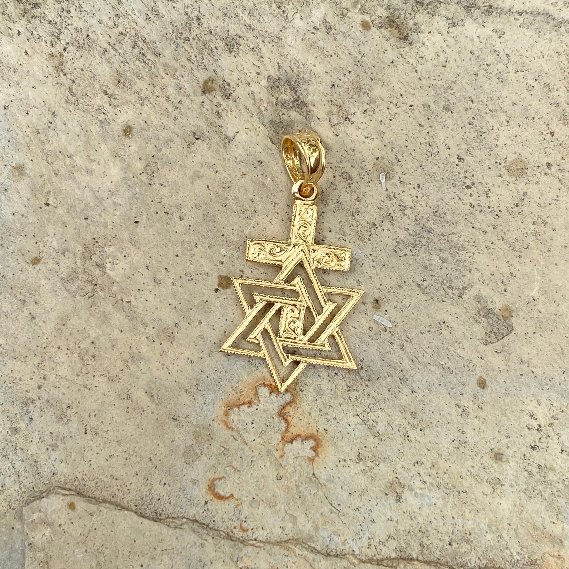 14KT Yellow Gold Engraved Star of David Cross Pendant Charm, 14KT Yellow Gold Engraved Star of David Cross Pendant Charm - Legacy Saint Jewelry