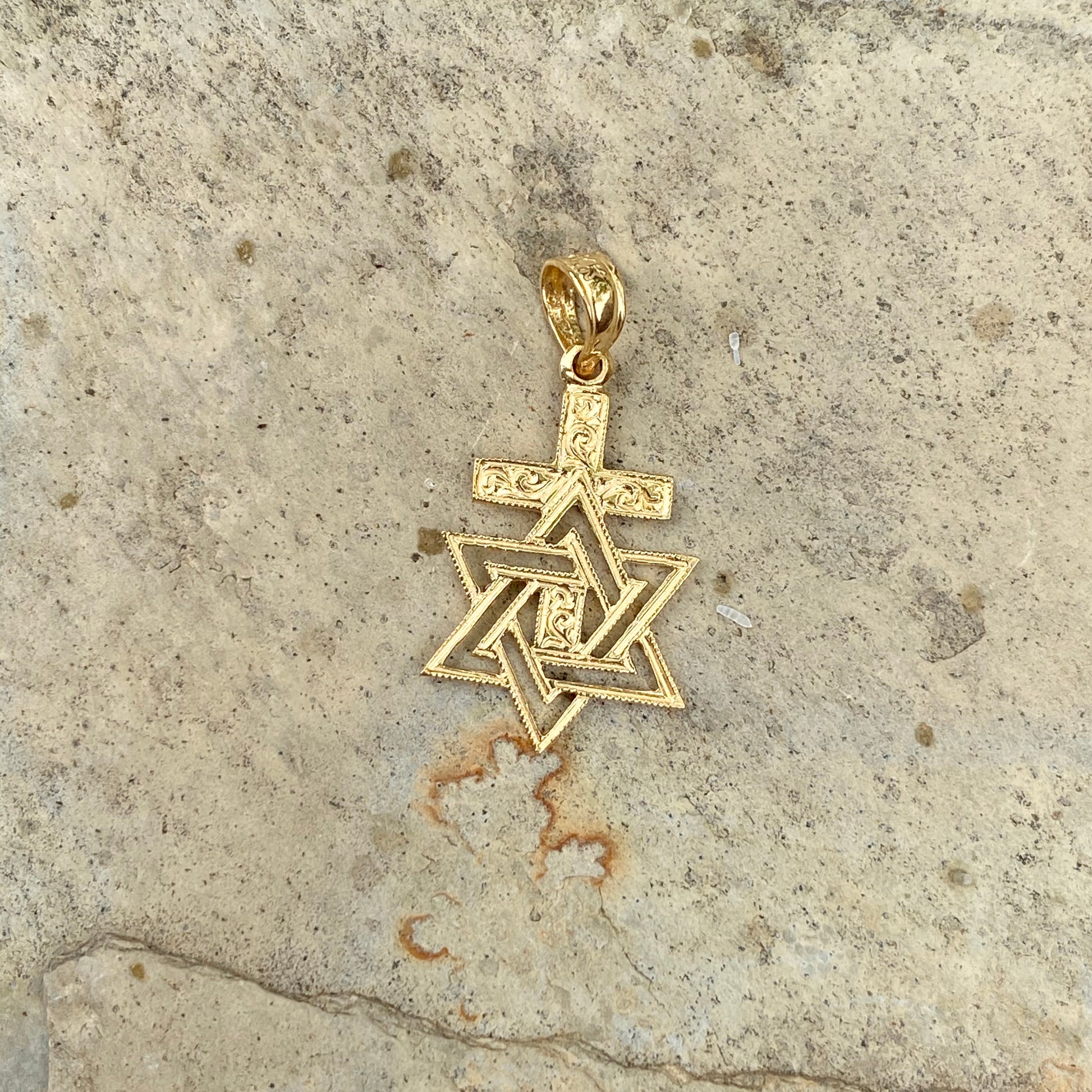 14k Yellow Gold Star Of David With Cross Pendant - 16x16mm Diamond-Cut Design, .8 Grams, Gift Box Included