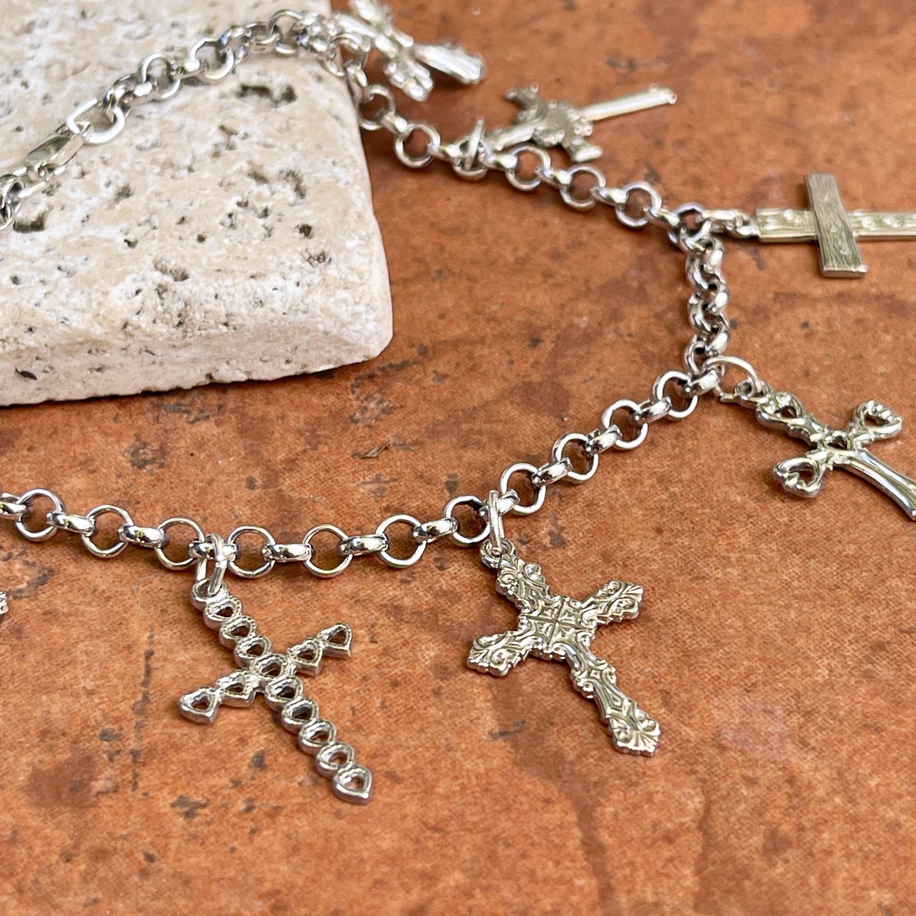 Sterling Silver Unique 8 Cross Charm Chain Bracelet – LSJ