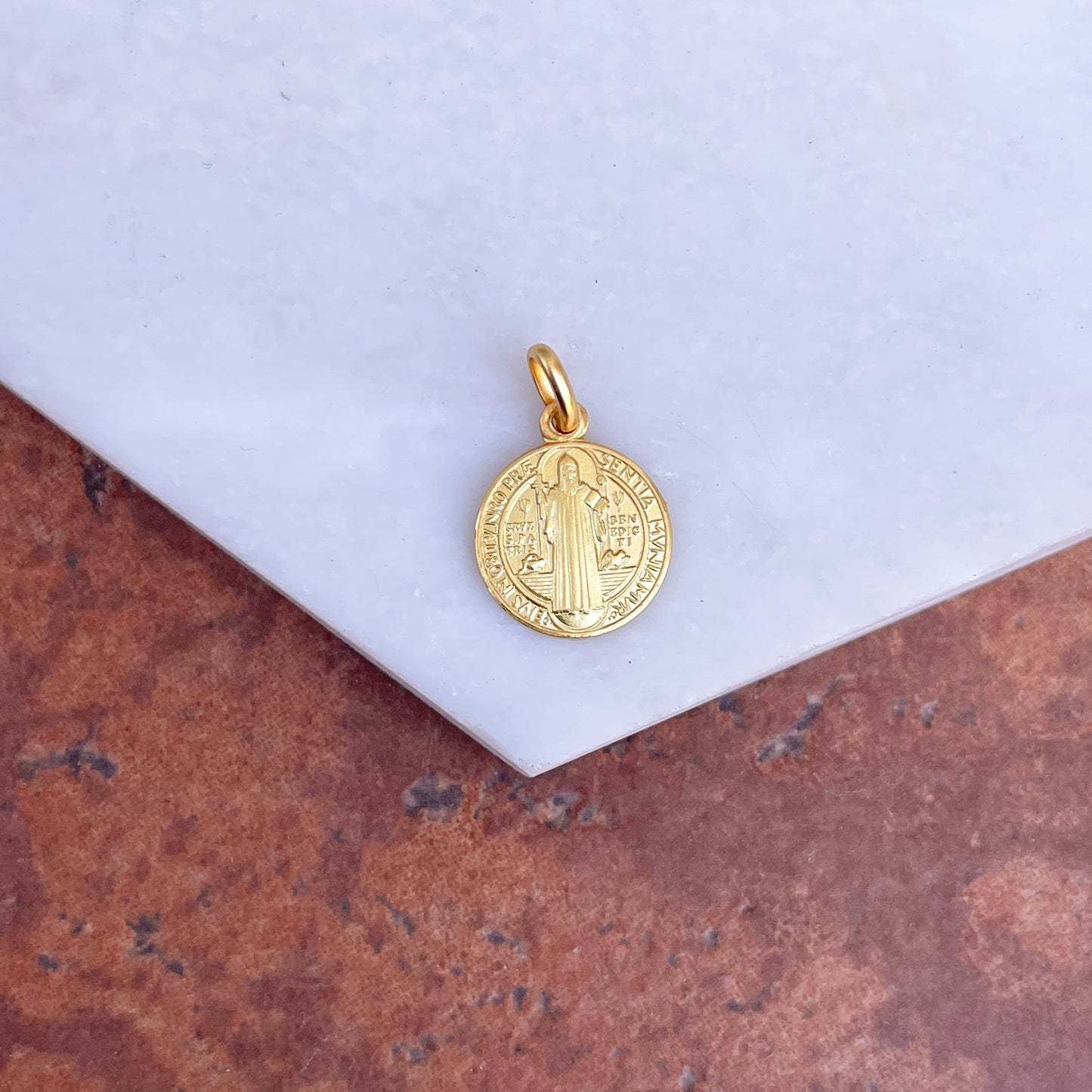 14KT Yellow Gold Matte St Benedict Round Medal Pendant Charm 12mm