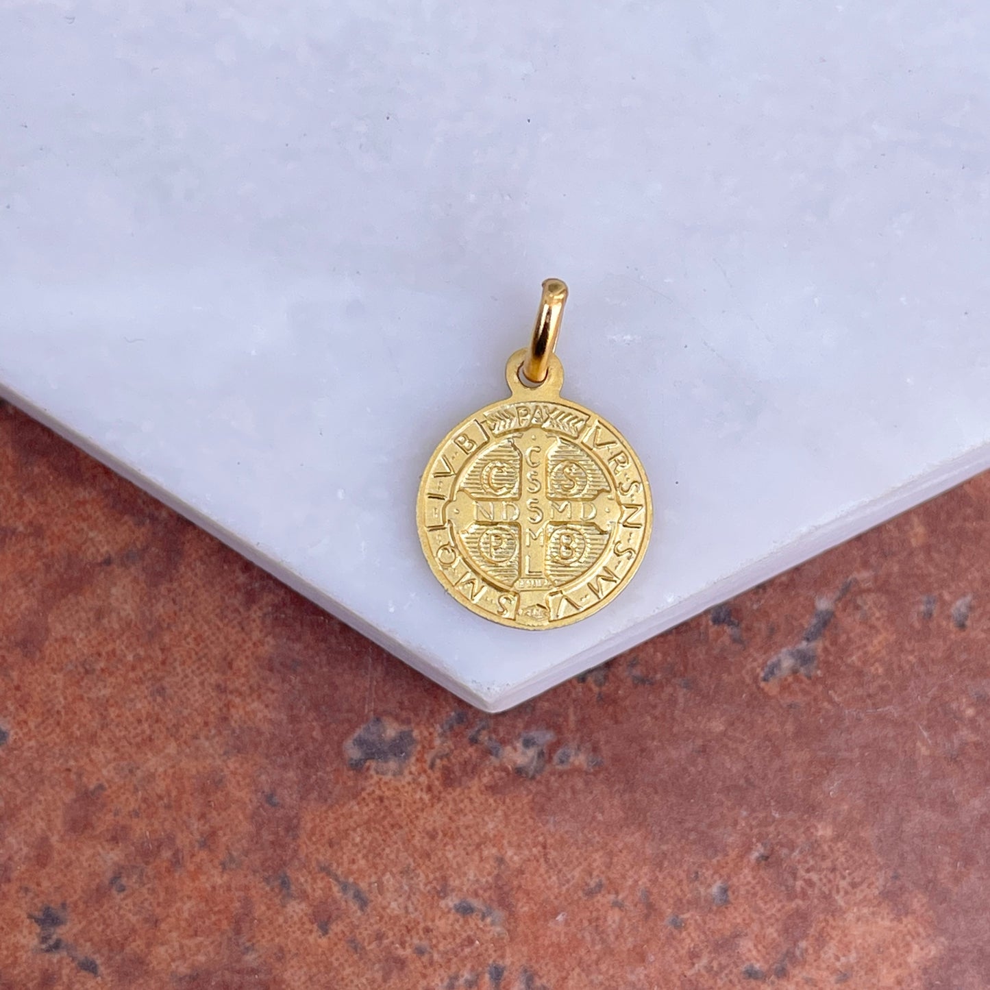 14KT Yellow Gold Matte St Benedict Round Medal Pendant Charm 12mm