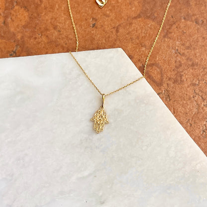 14KT Yellow Gold Mini Filigree Hamsa Pendant Chain Necklace