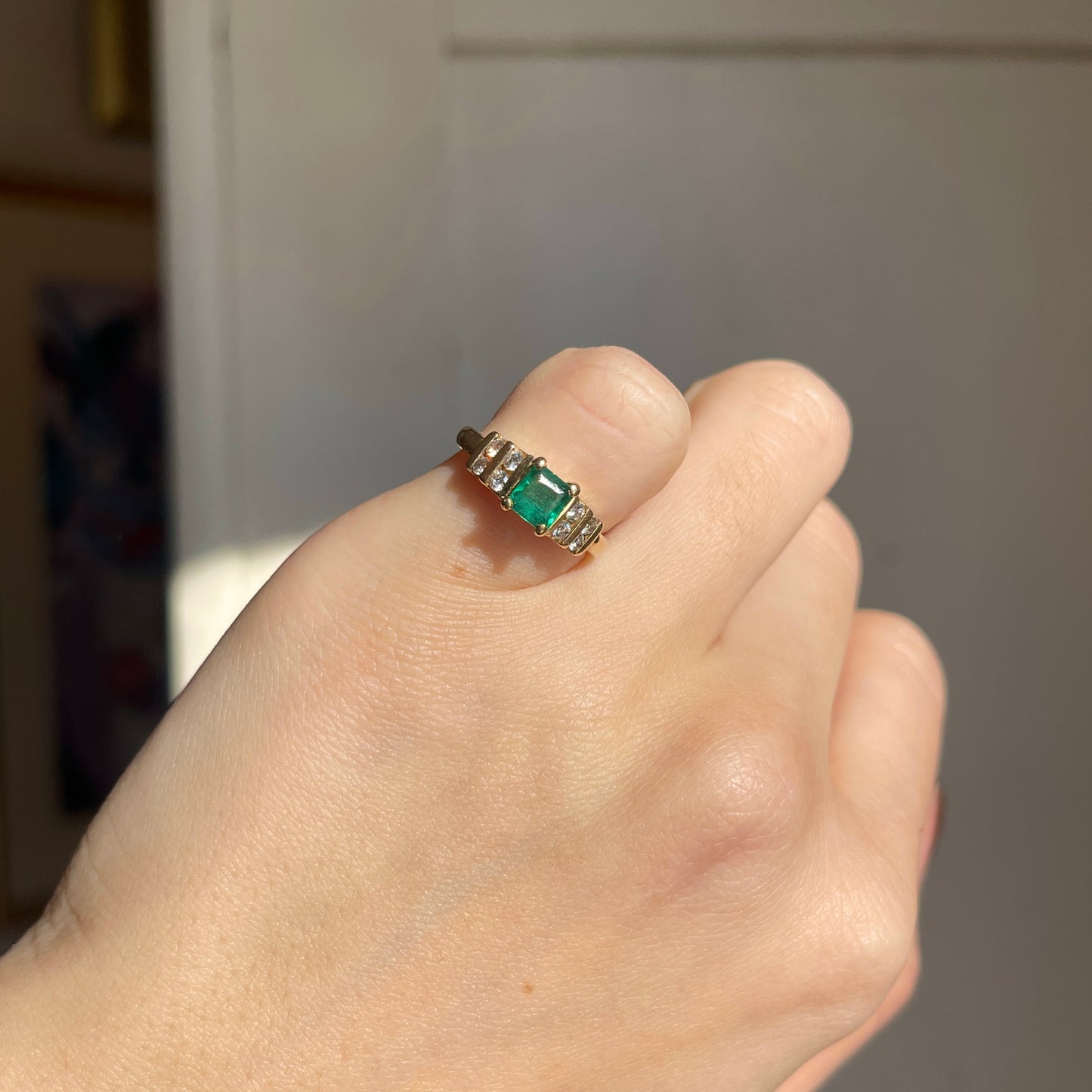 Estate 14KT Yellow Gold Emerald-Cut Emerald + Double Row Diamond Ring