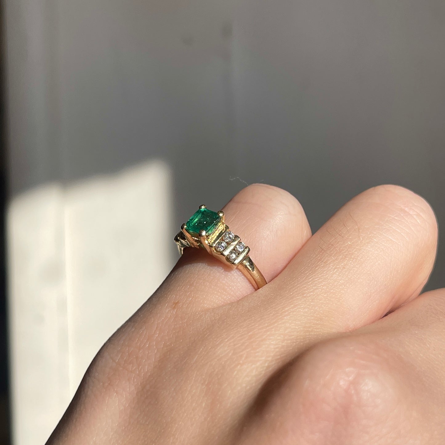 Estate 14KT Yellow Gold Emerald-Cut Emerald + Double Row Diamond Ring