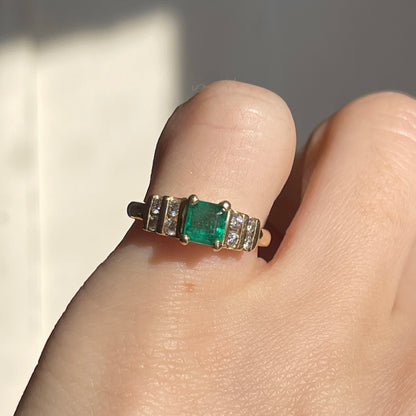 Estate 14KT Yellow Gold Emerald-Cut Emerald + Double Row Diamond Ring